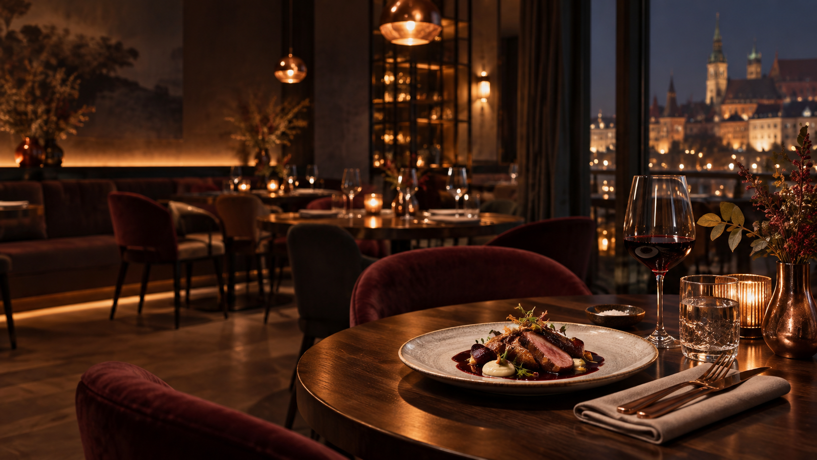 Wieczorne wnętrze restauracji Cisza i Miedź